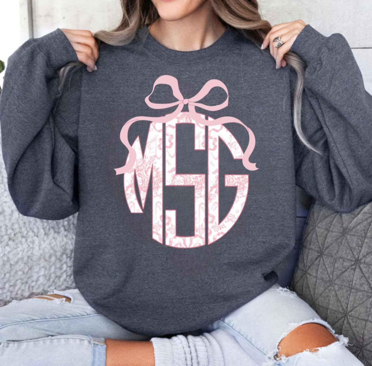 Pink Dainty Monogram Bow Sweatshirt