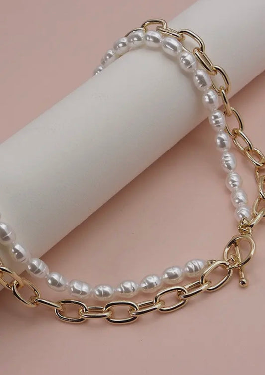 Double Layer Pearl Gold Chain Necklace