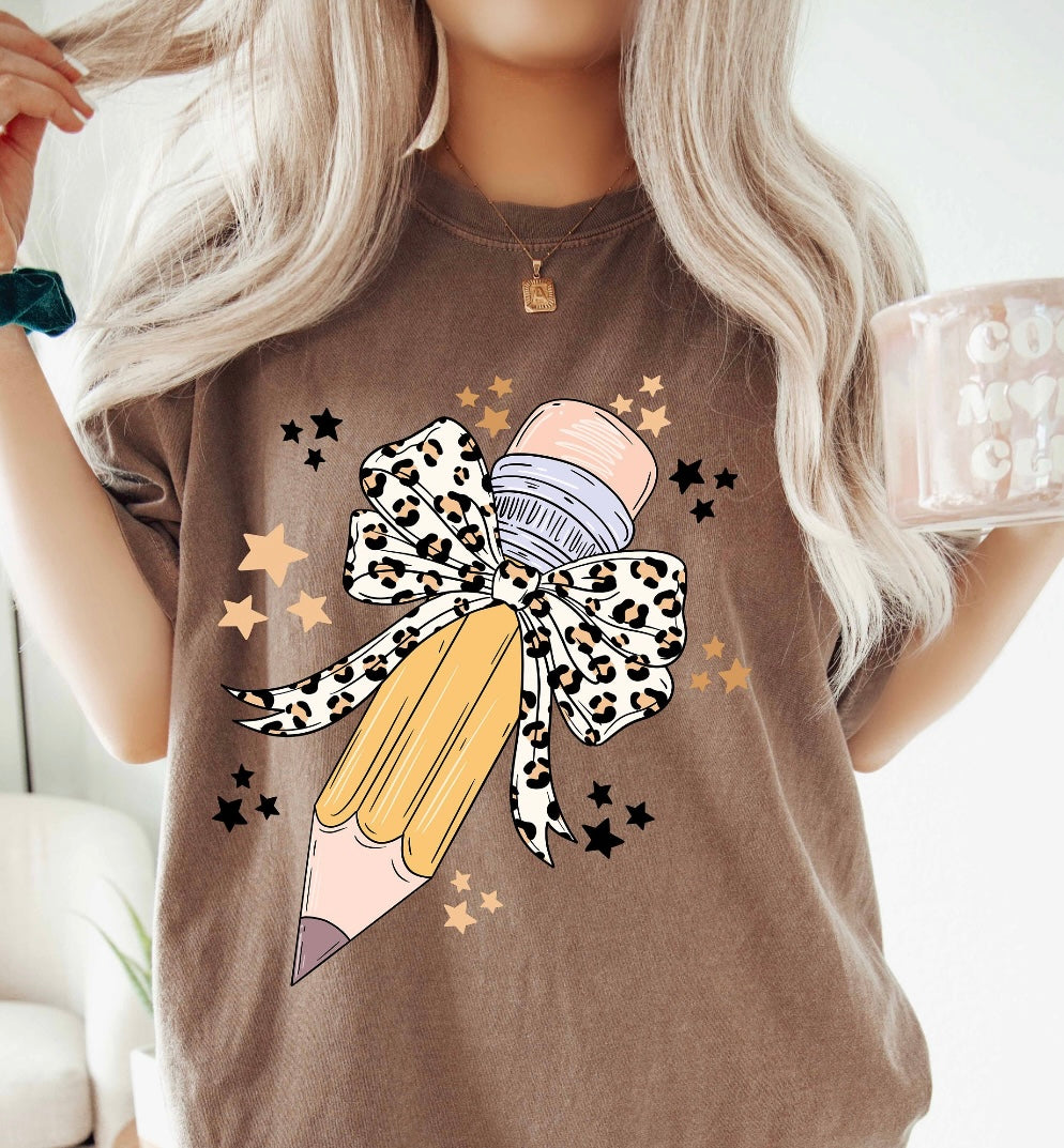 Leopard Pencil Teacher Bow Tshirt