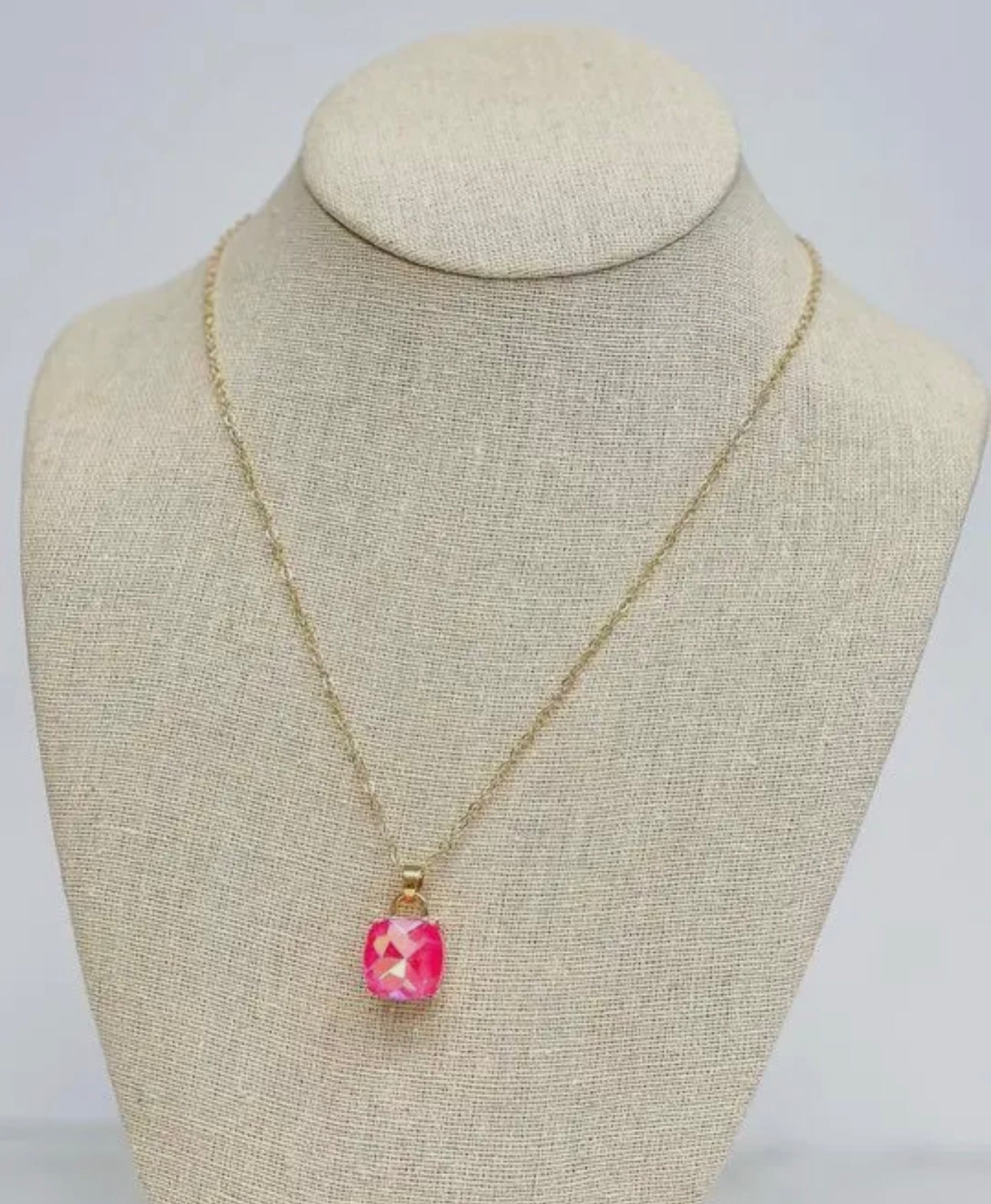 Pink Iridescent Glass Crystal Pendant Necklace